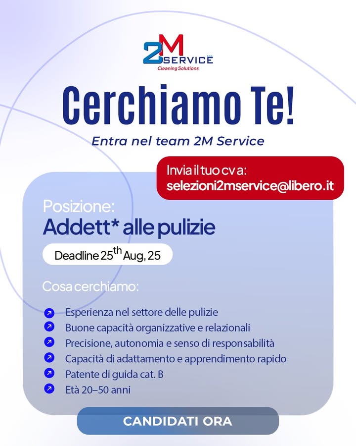 Entra a far parte del team 2M Service 🫧
Siamo un’azienda